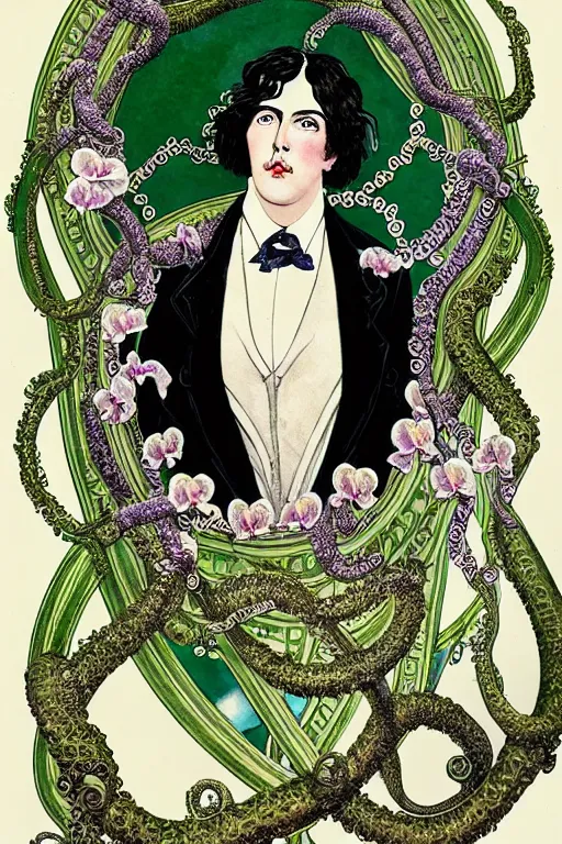 Prompt: realistic portrait of oscar wilde in the center of an ornate tentacle frame with orchids, detailed art by kay nielsen and walter crane, illustration style, watercolor