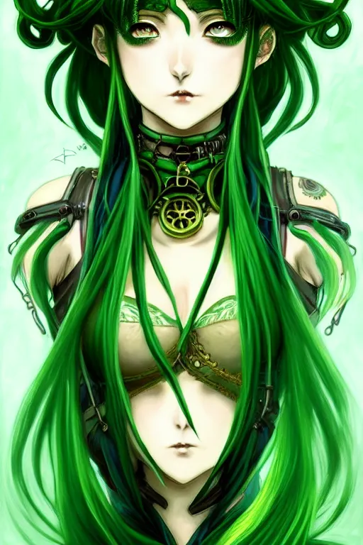 Image similar to beautiful green hair anime woman victorian dress, steampunk, fantasy, eerie, intricate details, pixiv, digital painting, artstation, concept art, 8 k, art by artgerm, loish and alohonse mucha and eiichiro oda symmetrical face symmetrical eyes