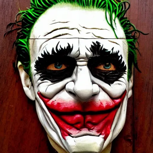 Prompt: The Joker carved in wood