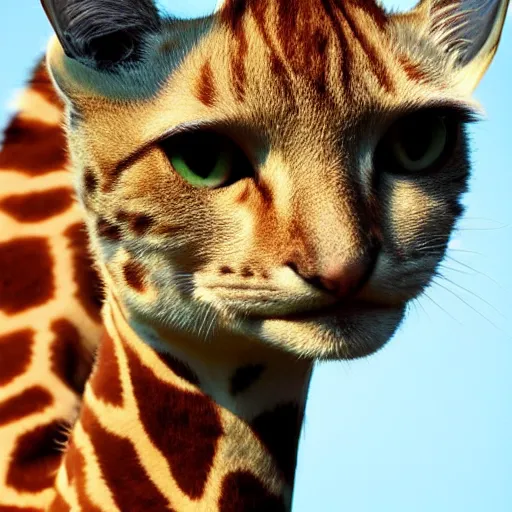 Image similar to cat giraffe hybrid, bold natural colors, national geographic photography, masterpiece, full shot, award winning, close up