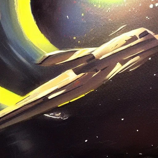 Prompt: minimalist concept art spaceship, long deliberate brushstrokes, concept art oil painting, loosely detailed, brush hard