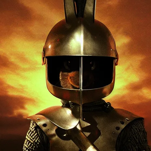 Image similar to bunny with helmet and sword, dramatic lighting cinematic establishing shot extremely high detail foto realistic cinematic lighting post processed