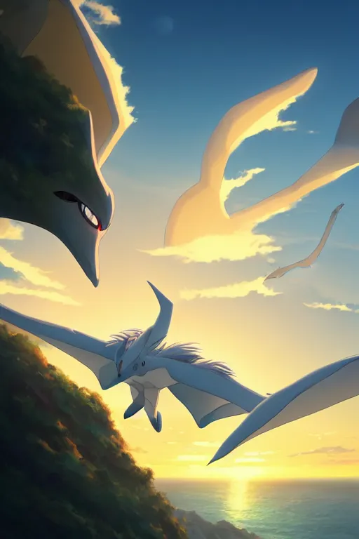 Prompt: a large smooth skinned white creature hybrid pterosaur, sitting on a cliff high in the sky, sunset, backlit, beautiful composition, by makoto shinkai an krenz cushart