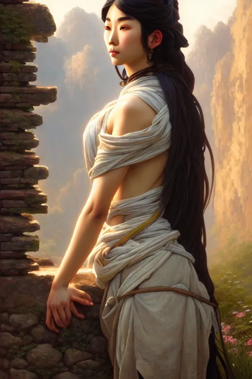 Image similar to beautiful digital painting of a young asian model stone wall with high detail, 8 k, stunning detail, works by artgerm, greg rutkowski and alphonse mucha, unreal engine 5, 4 k uhd