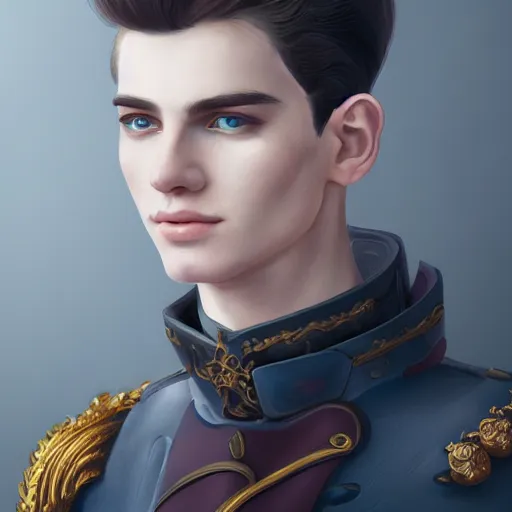 Prompt: portrait of an ethereal prince with pale skin and short dark hair, clean shaven, smooth, ultra detailed, 4 k, intricate, trending on artstation, digital painting, beautiful, stunning