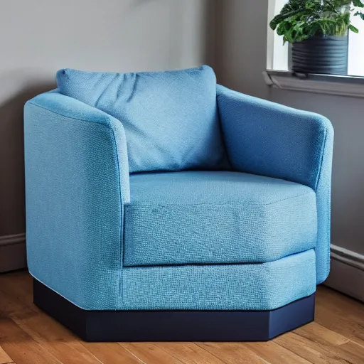 Image similar to a hoovering blue hexagonal armchair