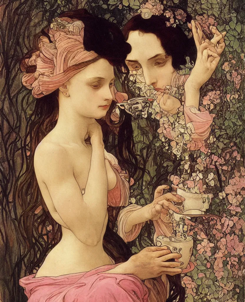 Image similar to a beautiful arrogant surreal greek lady drinking tea looking disdained, rennaisance painting, whimsical, pastel pink color palette, by leonardo da vinci and alphonse mucha