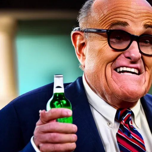 Image similar to news still of a drunk rudy giuliani holding a bottle, 4 k, professional