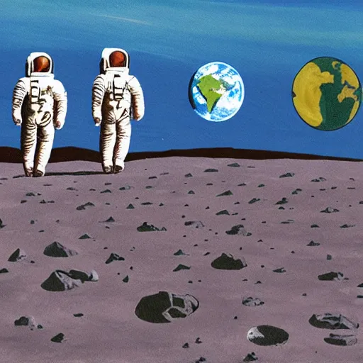 Image similar to painting of astronauts walking on the moon with the earth in the background, in the style of howard finster