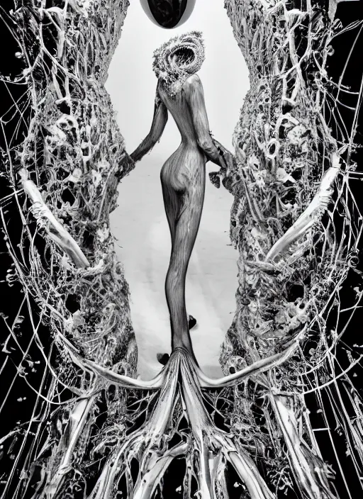 Image similar to walking down the catwalk, ben watts, show, stage, vogue photo, podium, fashion show photo, historical baroque dress dark, iris van herpen, beautiful woman, masterpiece, intricate, biopunk, vogue, full body shot, alien, plant predator, guyver, jellyfish, white biomechanical details, highly detailed