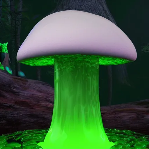 Image similar to a glowing mushroom made of green jello, gelatinous, growing in the forest, unreal engine