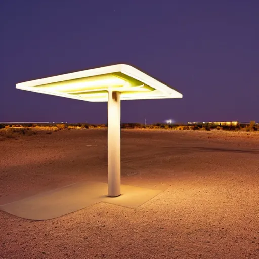 Image similar to bus stop in a desert at night, minimalist architecture, neon lights, james turrel,