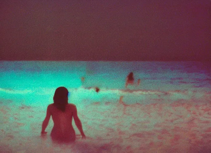 Prompt: colored photography, close-up from behind woman swimming in ocean at night, blue light, 35mm film,