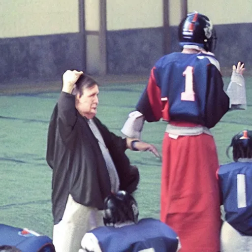 Prompt: Coach Belichick in Edo Period Japan trying to teach samurai how to play football