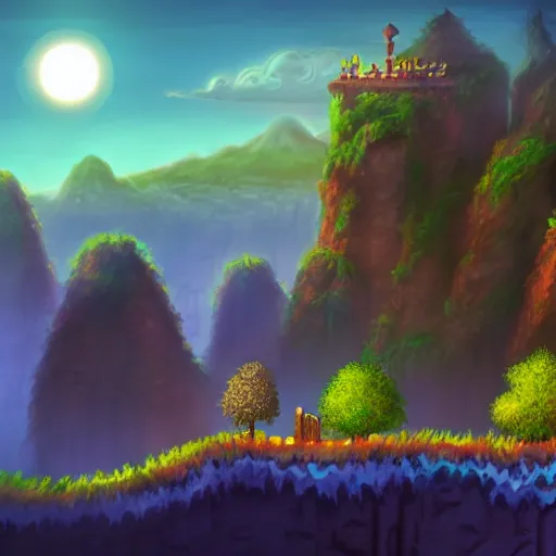 Image similar to way to the beautiful city in a ring of mountains, side-scrolling 2d platformer game level, swirling clouds, fantasy magical vegetation, dramatic dusk sun illuminates areas, volumetric light , detailed, rich color, upscale, fantasy, 8k