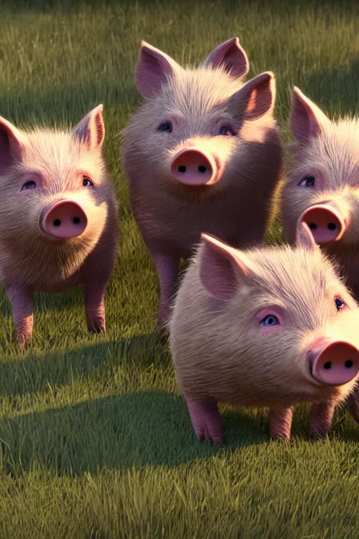 Image similar to three funny little pigs playing with the wolf who is begging for mercy. cinematic lighting, unreal engine, 8 k, hd extremely detailed. 4 k. award winning. ultra realistic photo.