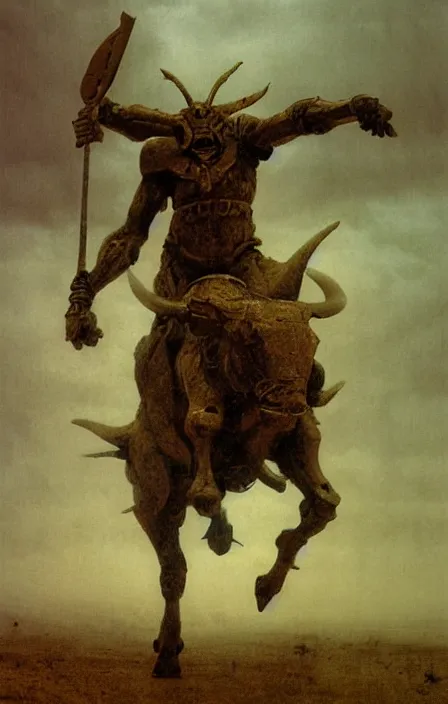 Prompt: minotaur in ancient armor, beksinski, ruan jia, - n 9