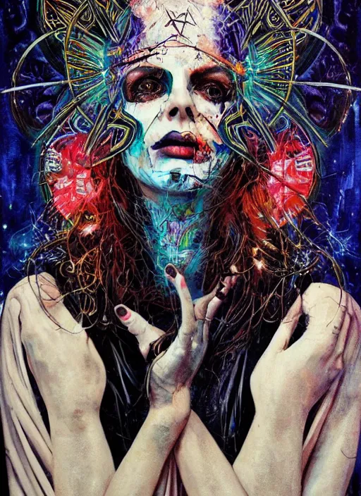 Prompt: tripping cult magic psychic woman, subjective consciousness psychedelic, epic occult ritual symbolism story iconic, dark robed witch, oil painting, robe, symmetrical face, greek dark myth, by Sandra Chevrier, Anna Dittman, masterpiece