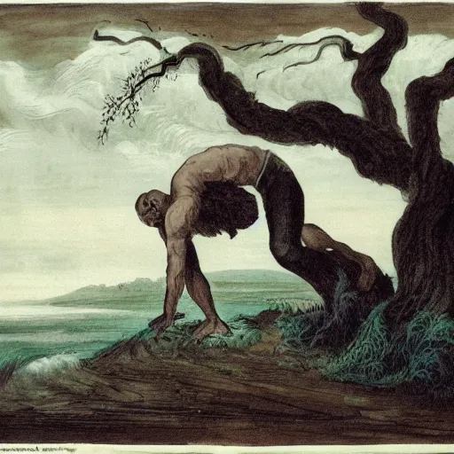 Image similar to The print shows a man caught in a storm, buffeted by wind and rain. He clings to a tree for support, but the tree is bent nearly double by the force of the storm. The man's clothing is soaked through and his hair is plastered to his head. His face is contorted with fear and effort. Adventure Time, mint by Tibor Nagy, by Mab Graves evocative