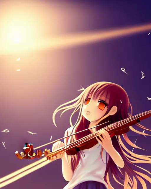 Image similar to anime style, realism, chibi, full body, a cute girl with white skin and golden long wavy hair holding a violin and playing a song, heavenly, stunning, realistic light and shadow effects, happy, centered, landscape shot, happy, simple background, studio ghibly makoto shinkai yuji yamaguchi