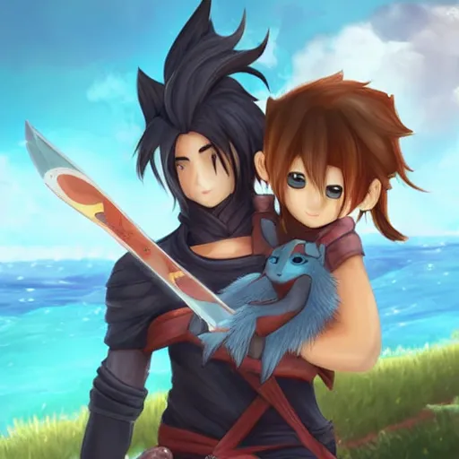 Prompt: yasuo holds yuumi by her scruff, league of legends, detailed