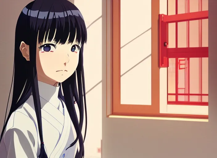 Image similar to anime visual portrait of a young japanese woman looking around the kitchen, cute face by ilya kuvshinov, yoshinari yoh, makoto shinkai, katsura masakazu, dynamic perspective pose, detailed facial features, kyoani, rounded eyes, crisp and sharp, cel shad, anime poster, ambient light, cinematic film