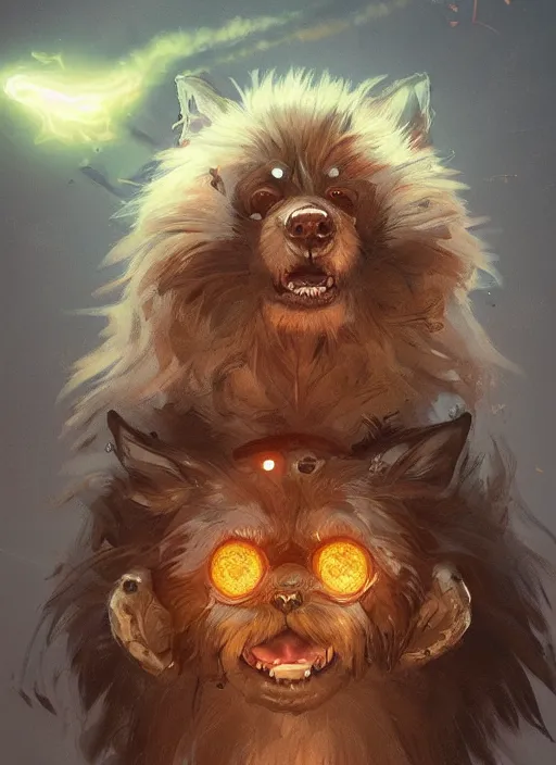 Image similar to vicious dog with three heads, glowing eyes and matted fur, sinister portrait, highly detailed, digital painting, artstation, concept art, matte, sharp focus, illustration, dramatic, cinematic sunset, hearthstone, art by artgerm and greg rutkowski and alphonse mucha