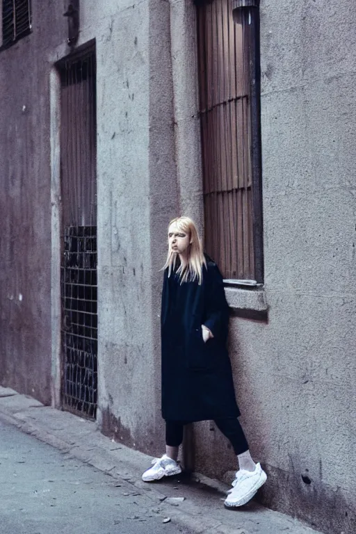 Image similar to high quality realistic street photo of girl, blond hair, clothes in the style of 1 9 9 0, sneakers, lowered socks, loose coat ; kodak ektar, 2 0 0 iso, 3 5 mm lens, bill henson style beautiful chiaroscuro lighting, beautiful colour palette, beautiful and realistic, wide shot