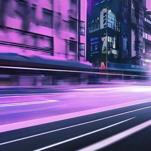 Prompt: a distant photo of a volkswagen idr concept car in a cyberpunk city. racing at extreme speeds. motion blur, purple lighting