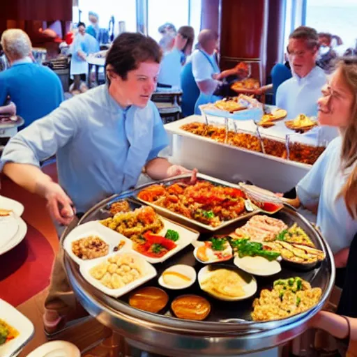 Prompt: satan filling plates of food from the buffet on a cruise liner