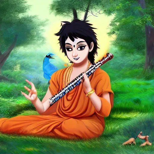Image similar to Young Krishna playing flute in forest and all animals listen his melodious music , Zoom out ,anime style, artstation, devainart ,illustration, scenery,
