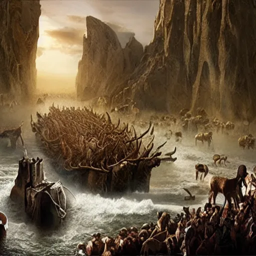 Prompt: an extremely detailed matte painting of the animals leaving noah's ark, 4 k, noah from the bible as a wizard, antediluvian, in the style of epic fantasy