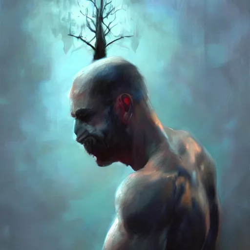 Prompt: tree comming out of man's chest, paint by Raymond Swanland