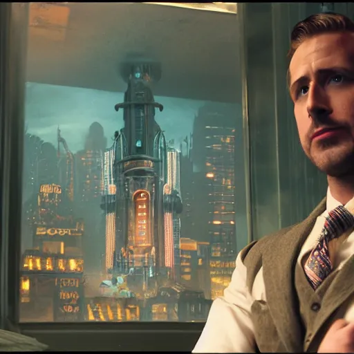 Image similar to a highly detailed cinematic photo from a live - action bioshock movie. andrew ryan, portrayed by ryan gosling, is shown standing in a 1 9 3 0's office with a large desk in front of a floor - to - ceiling window looking out onto the underwater city of rapture shining in the distance, several fish are shown outside of the window