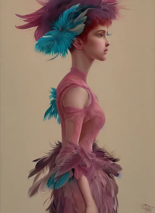 Prompt: beautiful teen girl with an eccentric pink haircut wearing an dress made of feathers, artwork made by ilya kuvshinov, inspired in donato giancola
