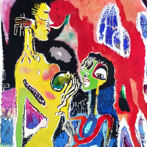 Prompt: watercolor painting of a closeup of two bizarre psychedelic women kissing in japan in winter, speculative evolution, mixed media collage by basquiat and jackson pollock, maximalist magazine collage art, sapphic art, psychedelic illustration