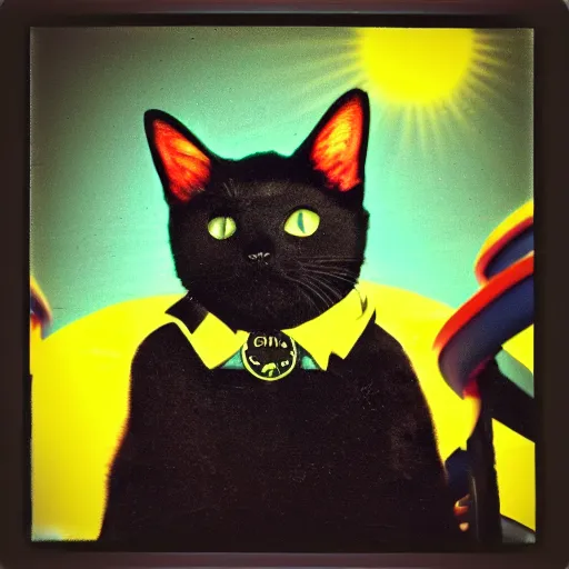 Image similar to happy black cat on a rollercoaster looping. focus on the cat. sunlight. polaroid photo. vivid colors.