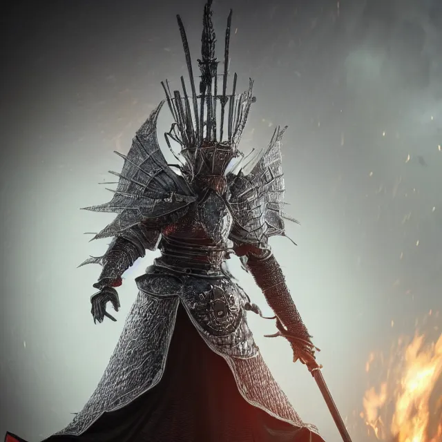 Image similar to queen elizabeth of england as a boss in dark souls, dark cinematic, volumetric, realistic, 3 d render, cinematic lighting, ray tracing, cinematic, unreal engine 5, unreal engine render, octane render, hyper realistic, photo, 8 k