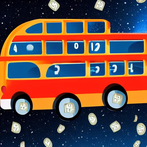 Image similar to a bus driving in outer space with money flying out of the bus windows. illustrated, high resolution