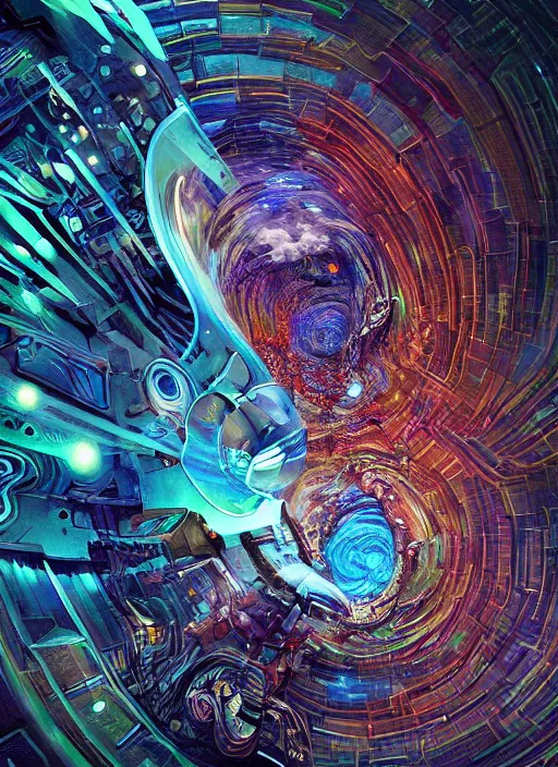 Image similar to the machine universe encounters a living cosmos inside an asymmetric orthogonal non - euclidean upside down inside out world with an infinite cosmic spiral waterfall of living information, inspired by android jones and blake foster, hyperrealistic, digital art, concept art, rendered in cinema 4 d, cryengine 4 k