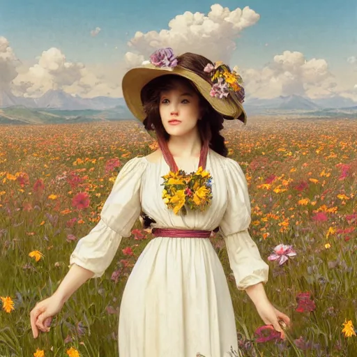 Prompt: A brunette lady in a meadow full of flowers, highly detailed, digital painting, artstation, concept art, smooth, sharp focus, illustration, ArtStation, art by artgerm and greg rutkowski and alphonse mucha and J. C. Leyendecker and Edmund Blair Leighton and Katsuhiro Otomo and Geof Darrow and Phil hale and Ashley wood and Ilya repin and Charlie Bowater