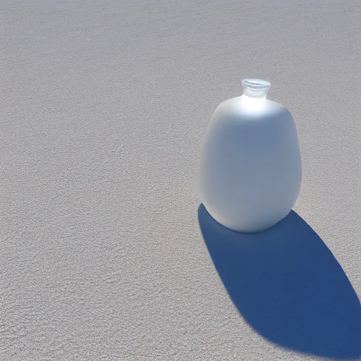 Prompt: perfume bottle buried in mounds of desert white sand on a zen clean modern minimalist beach with an ocean view, frozen and covered in ice, by peter tarka in an ivory room well contoured smooth fair walls, zaha hadid octane highly render, 4 k, ultra hd,