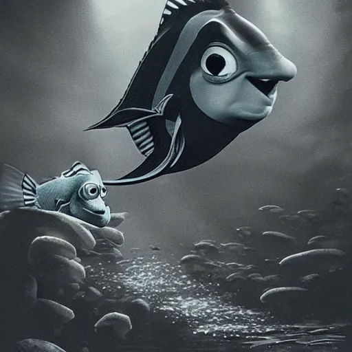 Image similar to evil dory chasing nemo through dark waters, creepy, dark, atmospheric, detailed, photorealistic