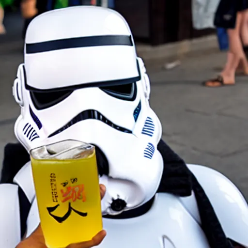Prompt: storm trooper drinking soju at a street vendor in seoul