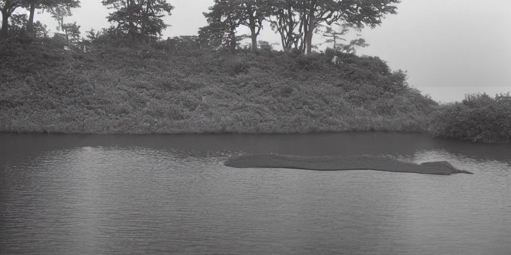 Image similar to an infinitely long rope zig - zagging across the surface of the water into the distance, floating submerged rope stretching out towards the center of the lake, a dark lake on an overcast day, rocky shore foreground, directed by stanley kubrick, atmospheric, color film, trees in the background, hyper - detailed photo, anamorphic lens