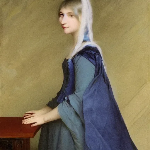 Image similar to a young woman’s face, her hair is white, she wears a long flowing blue satin veil, by ivan aivazovsky and pieter claesz and paul delaroche and alma tadema and august malmstrom and and willen claesz heda and aelbert cuyp and gerard ter borch, detailed, hyperrealistic, volumetric light, rendered in octane, rendered in redshift, c4d, agfa optima 200