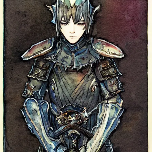 Prompt: watercolor, final fantasy tactics character design, knight wearing plate armor, knight wearing helmet, character portrait, evil, shrouded in pitch black darkness, harry clarke artwork