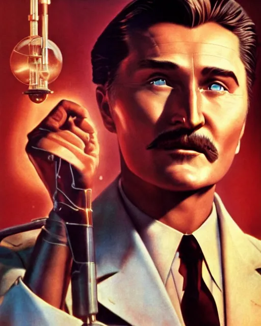 Image similar to Errol Flynn as a scientist. 1980s dystopian Soviet Russia, propaganda screens. Unreal engine, fantasy art by Betty Jiang. Faithfully depicted facial expression, perfect anatomy global illumination, radiant light, detailed and intricate environment