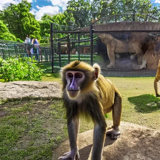 Prompt: A monkey taking a selfie in front of the lion enclosure at the zoo on a sunny day, brightly colored