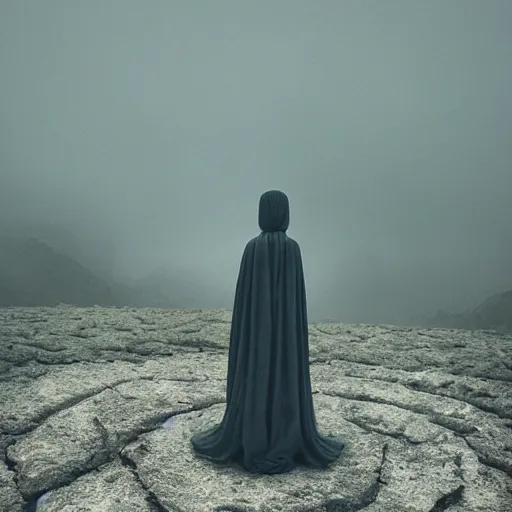 Prompt: A beautiful sculpture of a small figure standing in the center of a dark, foreboding landscape. The figure is surrounded by strange, monstrous creatures, and there is a feeling of unease and dread. Gucci, liminal space by Elizabeth Gadd monumental